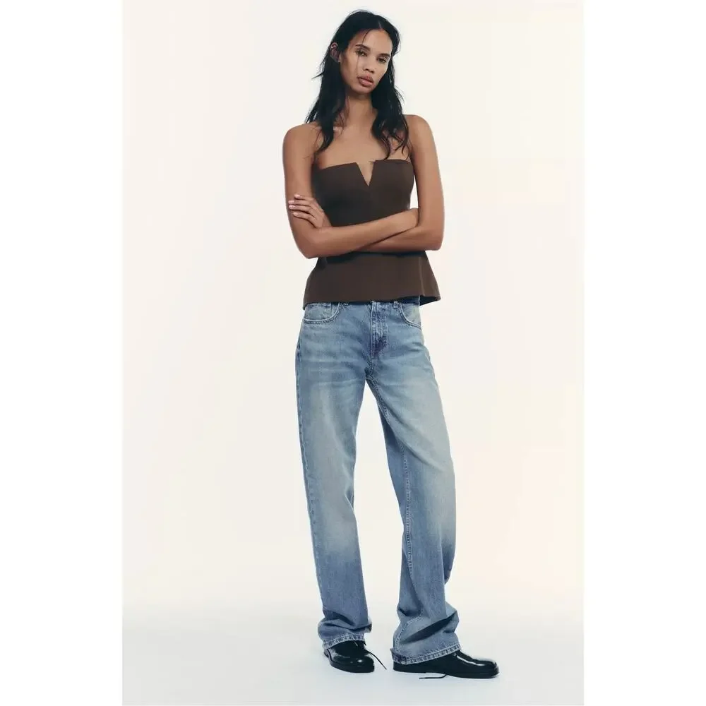 Zara Linen-Look Strapless Bandeau Top in Dark Brown Size Large 4661/052/700 - Picture 11 of 11